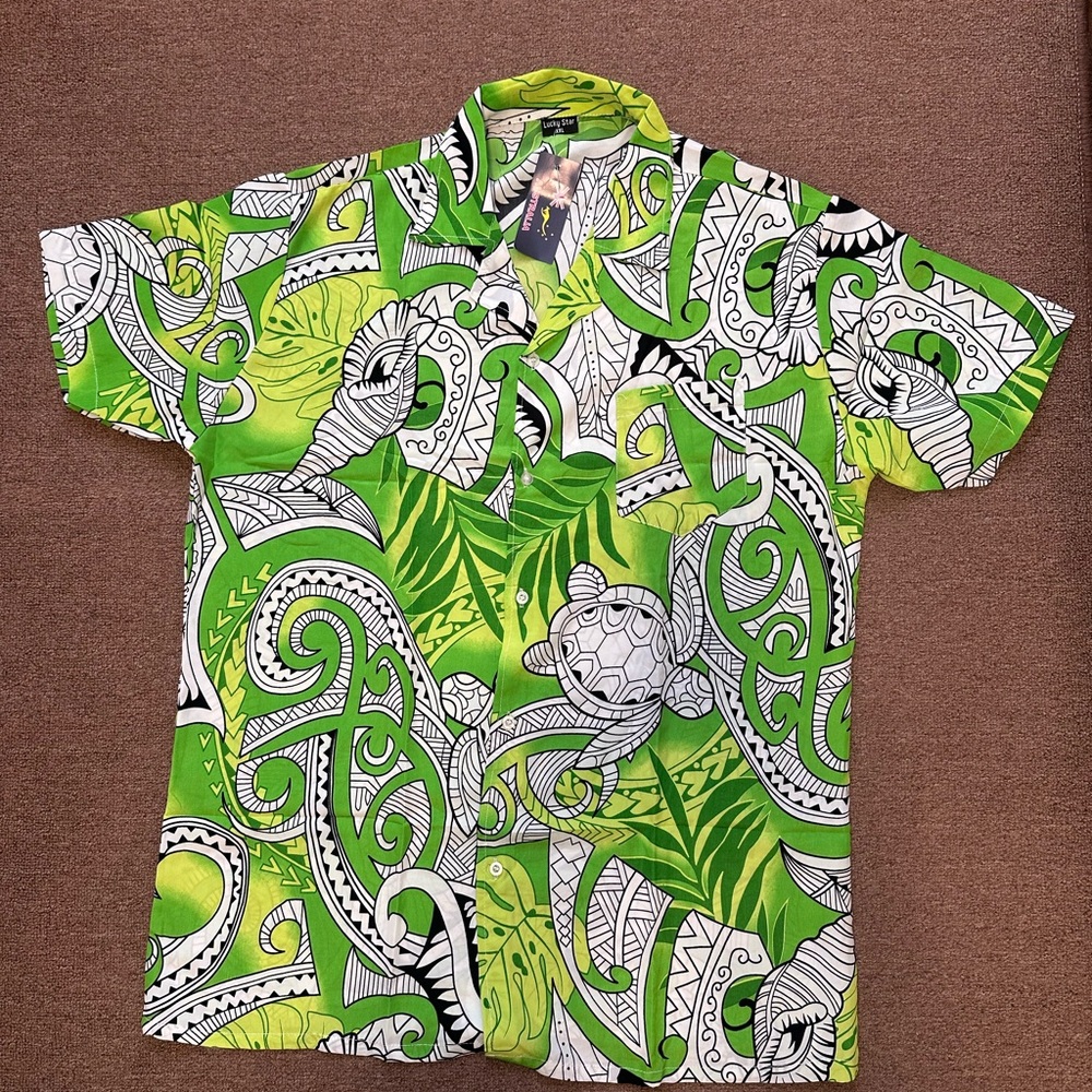 Lucky Star Green & White Patterned Men's button down short sleeve Shirt size xxL